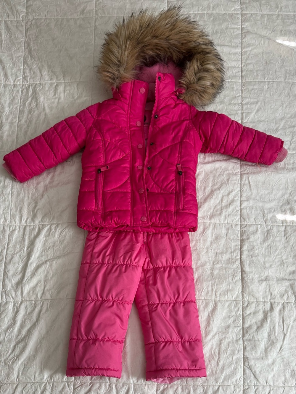 Weatherproof Bright Pink Puffer Jacket with Faux-Fur Hood and Matching Pants